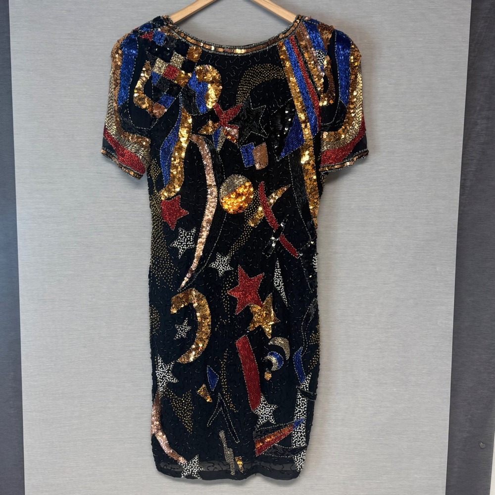 Vintage NITE LINE Beaded Celestial Star Moon Sequin Dress Black Size 8